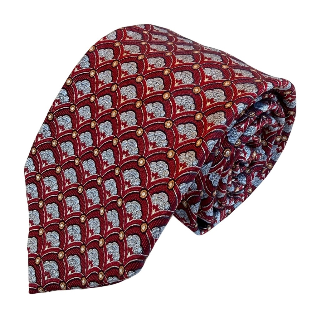 Jos. A. Bank Tie Mens OS Classic Red Silver Geometric Fan 100% Silk Signature